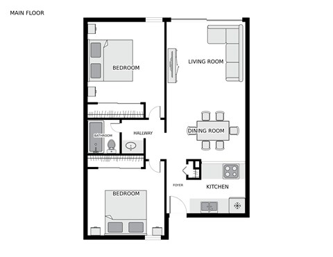Floor plan for 2 beds, 1 bath, 800 sqft